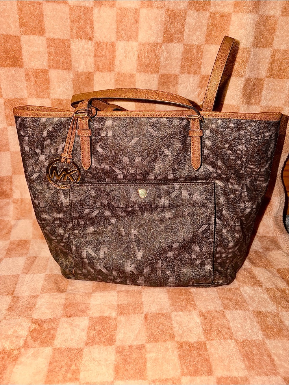 Michael Kors Dark Brown MK Logo Tote with Tan Trim